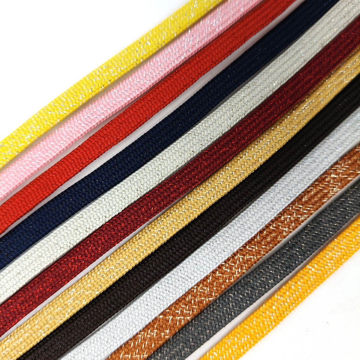 24 color 6 / 8 / 10 / 12mm poliéster de color oro y plata cuerda plana hueca oro y plata cebolla cuerda de doble capa con cuerda de sombrero