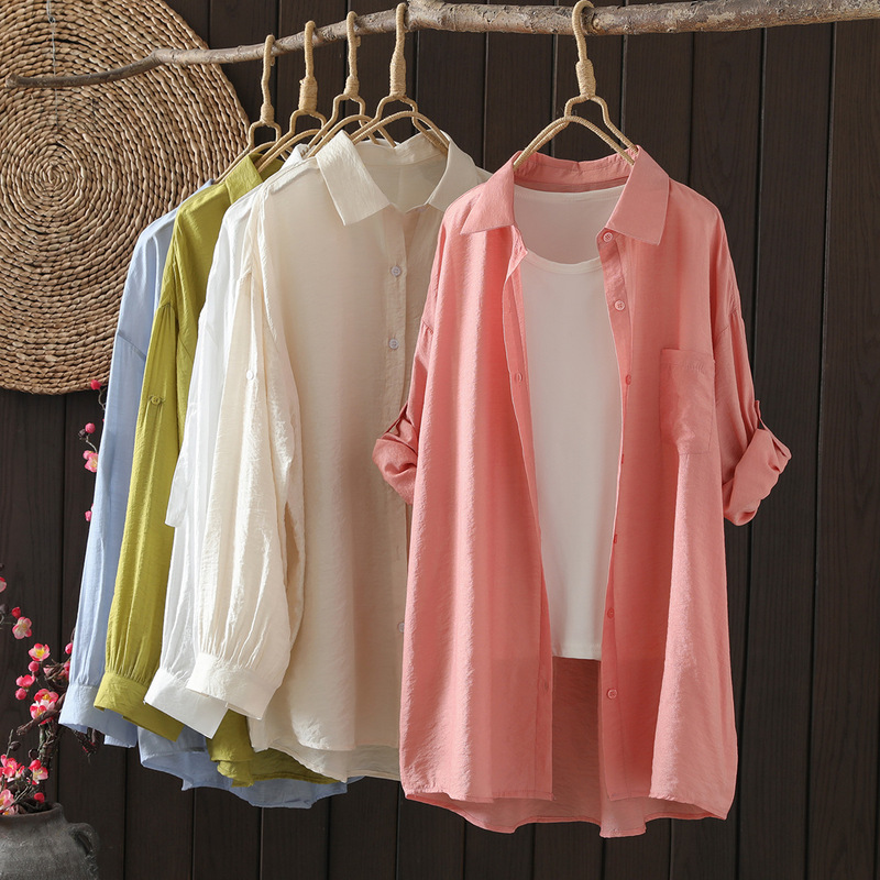 Tens Cotton Single-breasted Adjustable Long-sleeved Sun-protective Clothing New Loose Slimming Shirt Top 41563