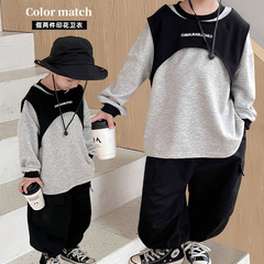 AOAOKIDS Children's 2024 Spring Collection Trendy Baby Top with Korean Alphabet Print and Pseudo Two-Piece Sweatshirt for Boys