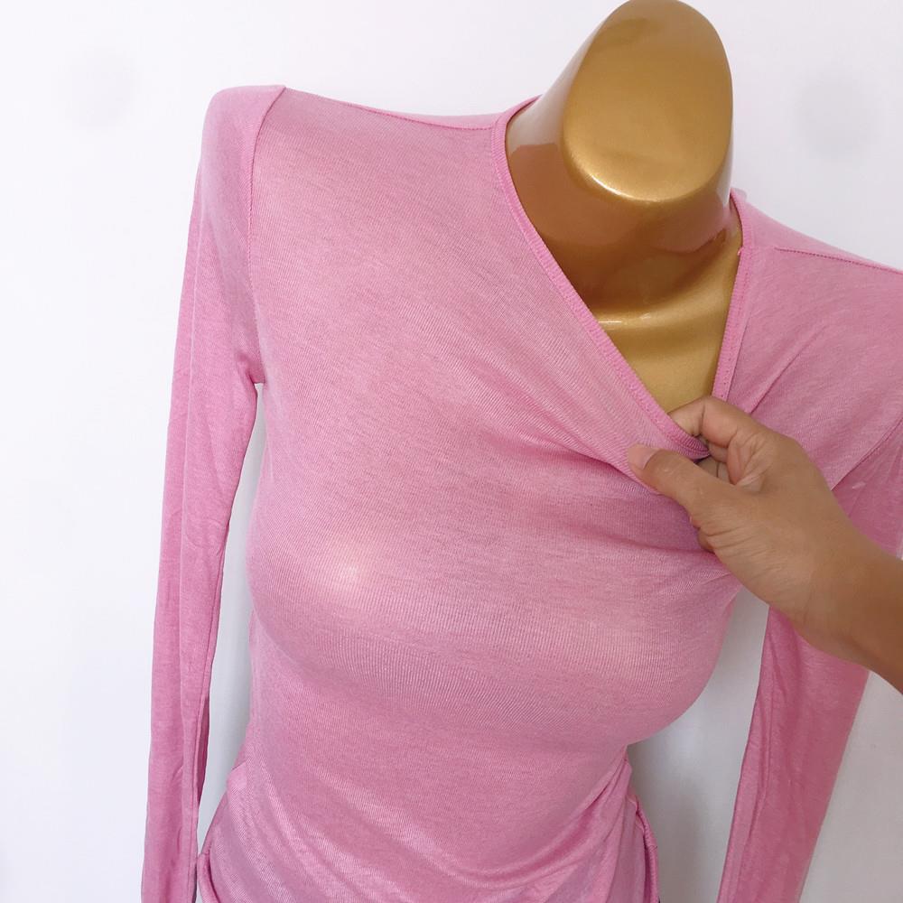 2020韩国秋装薄款超长袖性感微透紧身弹力粉色T恤上衣打底内搭女