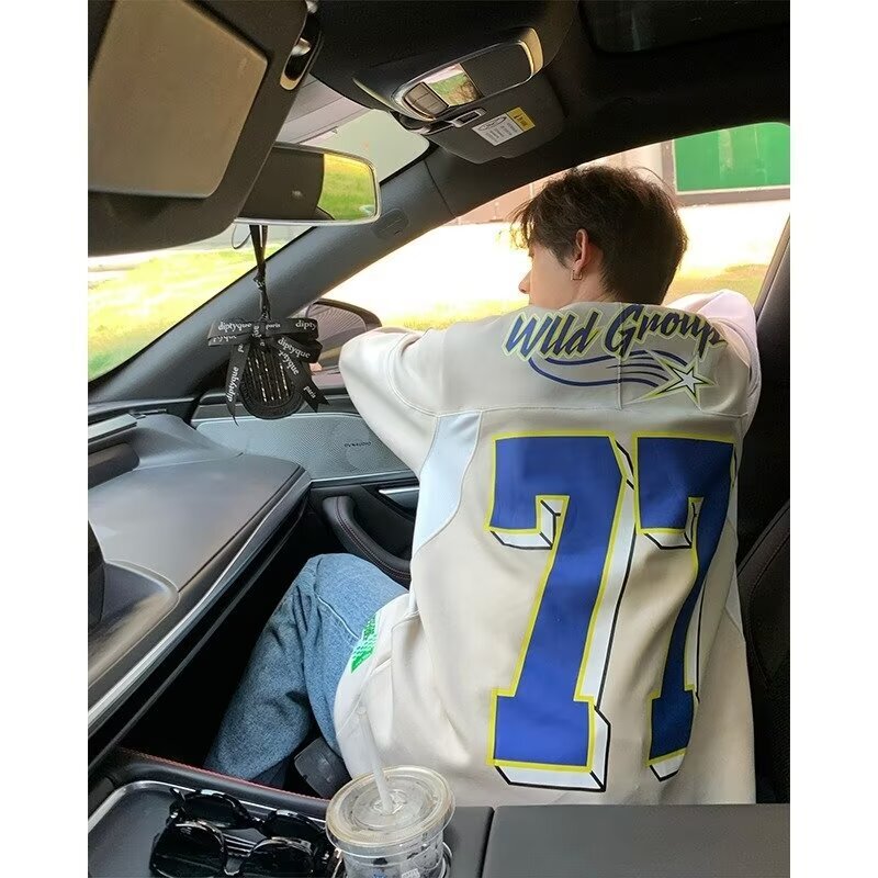 American-style Heavy Baseball Crewneck Sweater Men's Trendy Brand Retro No. 77 Ice Hockey Wear Sports Couple's Long Sleeve Base Shirt