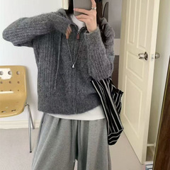 韩版慵懒风麻花连帽毛衣女装秋冬新款宽松软糯百搭针织开衫外套女