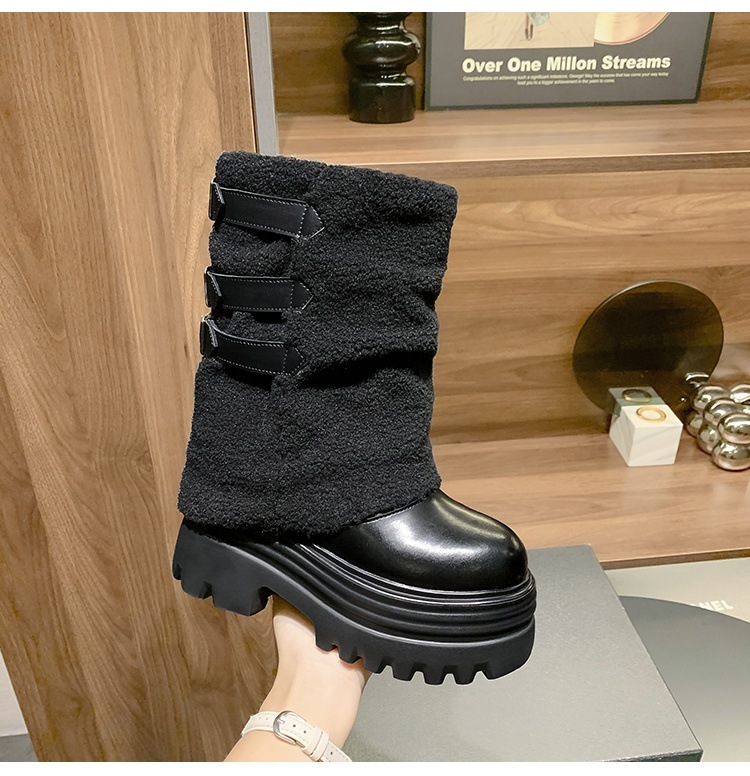 Giày boot nữ cổ thấp đế dày lông ấm khóa thắt lưng — Trắng nhạt 15CM chi tiết 22