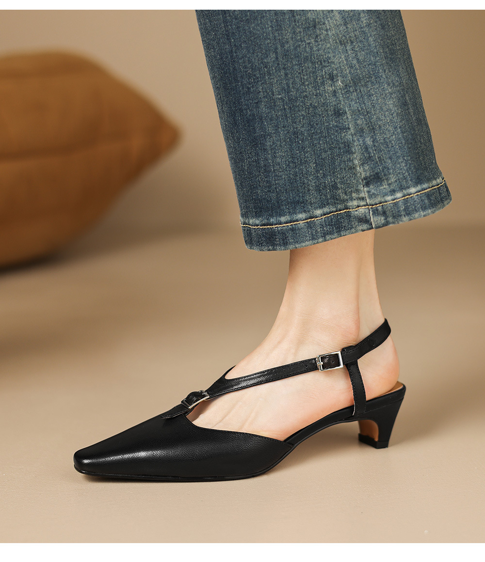 Sandal nữ quai ngang mũi kín da cừu gót thô 4 cm phong cách Hàn Quốc — đen chi tiết 16