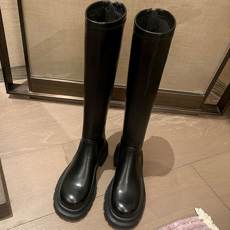 Uva mamá Otoño e Invierno Nuevas Botas Altas de punta redonda de las mujeres de fondo grueso rodilla botas pequeñas elásticas finas botas