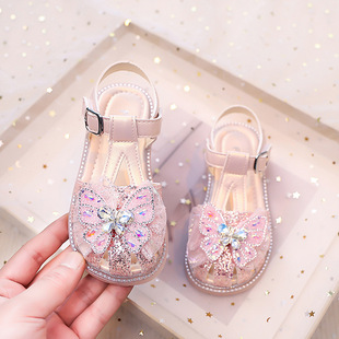 Girls' Closed-Toe Sandals, Princess Shoes for Girls, New Summer Crystal Beach Shoes, Soft-Soled Butterfly Children's Shoes