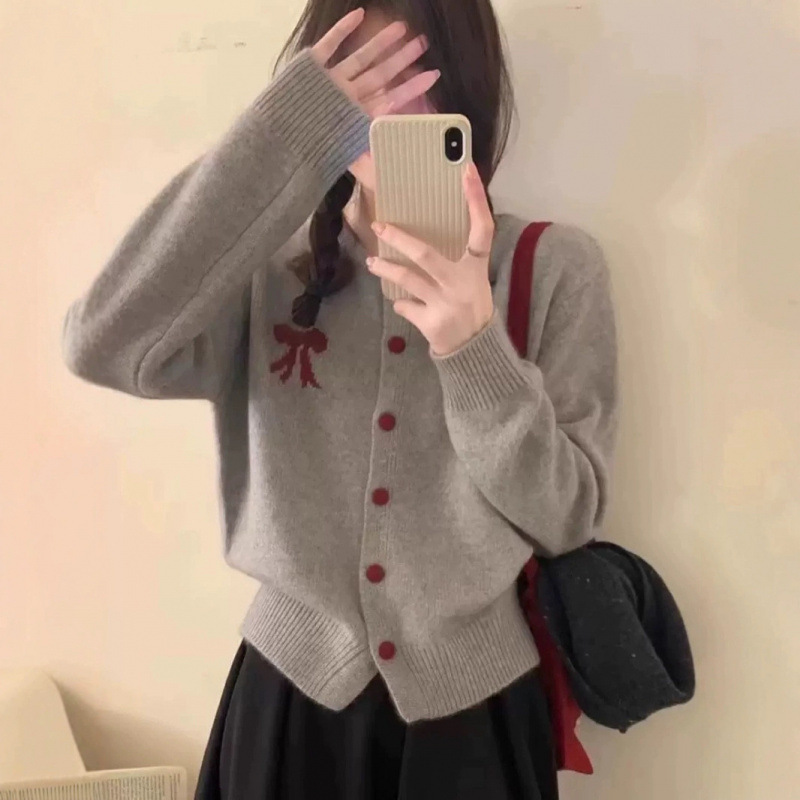 春秋短款高品质宽松圆领针织开衫新款减龄蝴蝶结毛衣上衣外套|undefined