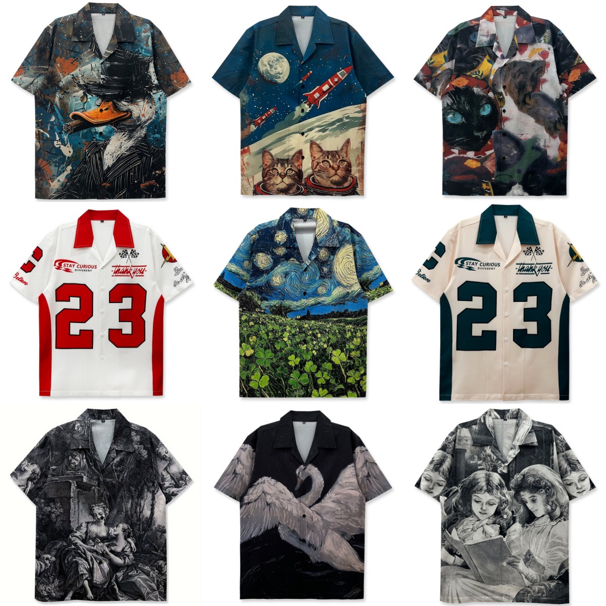 夏威夷风Vintage数码印花短袖衬衫男街头宽松休闲百搭花衬衣女潮