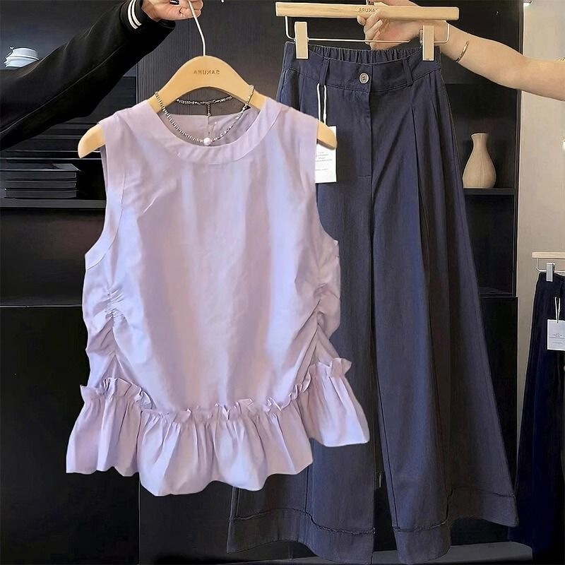 Korean Style Ruffled Sleeveless Vest Shirt for Women, New Summer Style Inner Wear with Suspenders and Round Neck Top