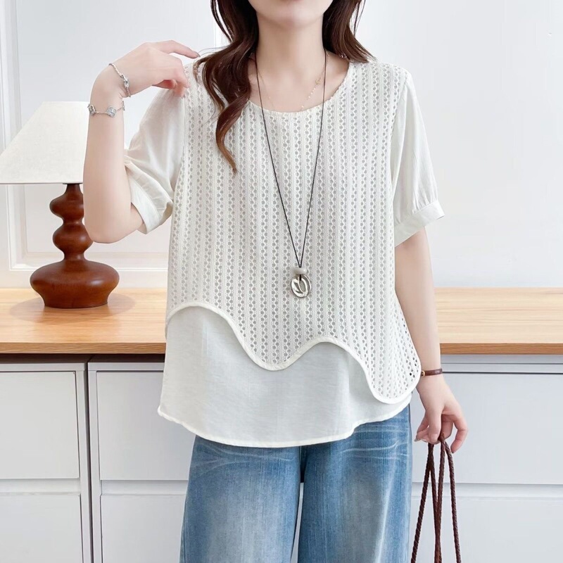 Plus-Size Summer Hollow-Out Design Fake Two-Piece Versatile Fashion Short-Sleeve Irregular Loose Slimming Shirt