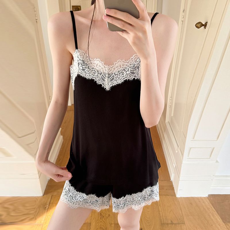 2025 New Rayon Suspender Pajamas for Women Summer Sweet Lace Backless Sexy Pure Lust Style Home Wear Two-Piece Set
