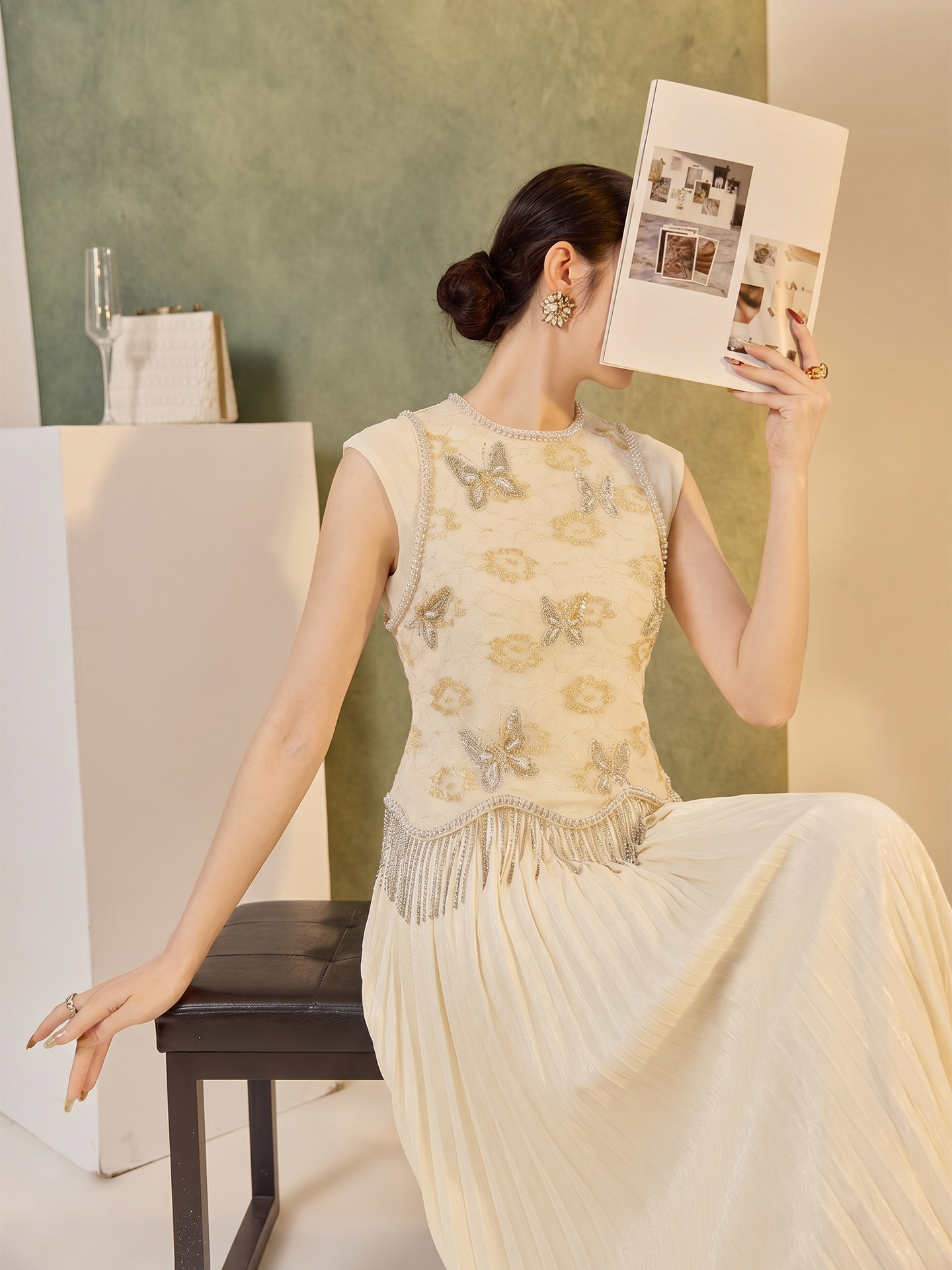 Set áo vest gile và chân váy nữ phong cách Trung Quốc cổ điển thêu đính cườm — bộ đồ, nửa váy, Trang chủ