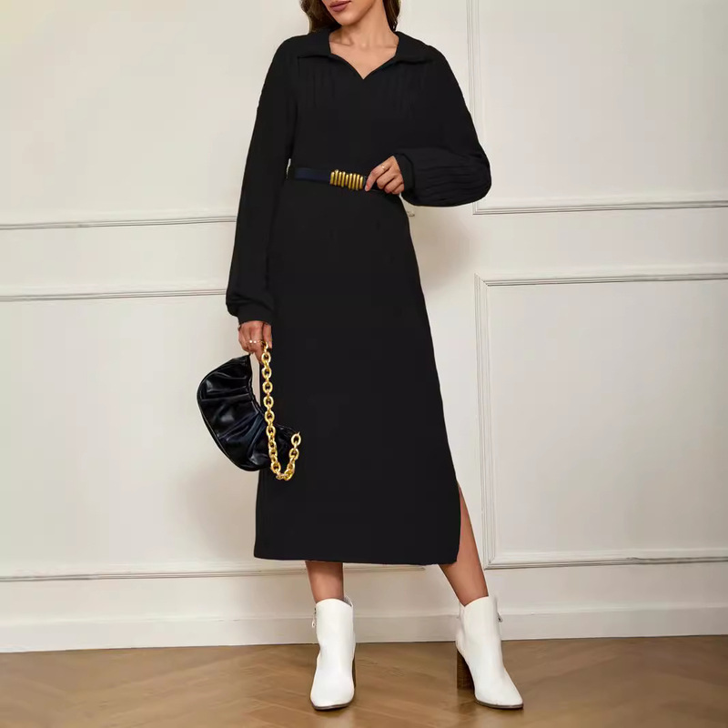 Solid color shoulder vent thigh dress (no belt)