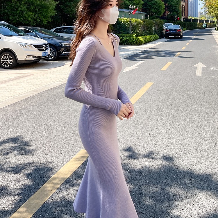 秋冬装长款过膝百搭连衣裙针织纯色针织衫修身内搭女收腰毛衣裙子|undefined