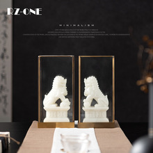 左顾  新中式金属玻璃罩玉石狮子麒麟摆件书房电视柜桌面软装饰品