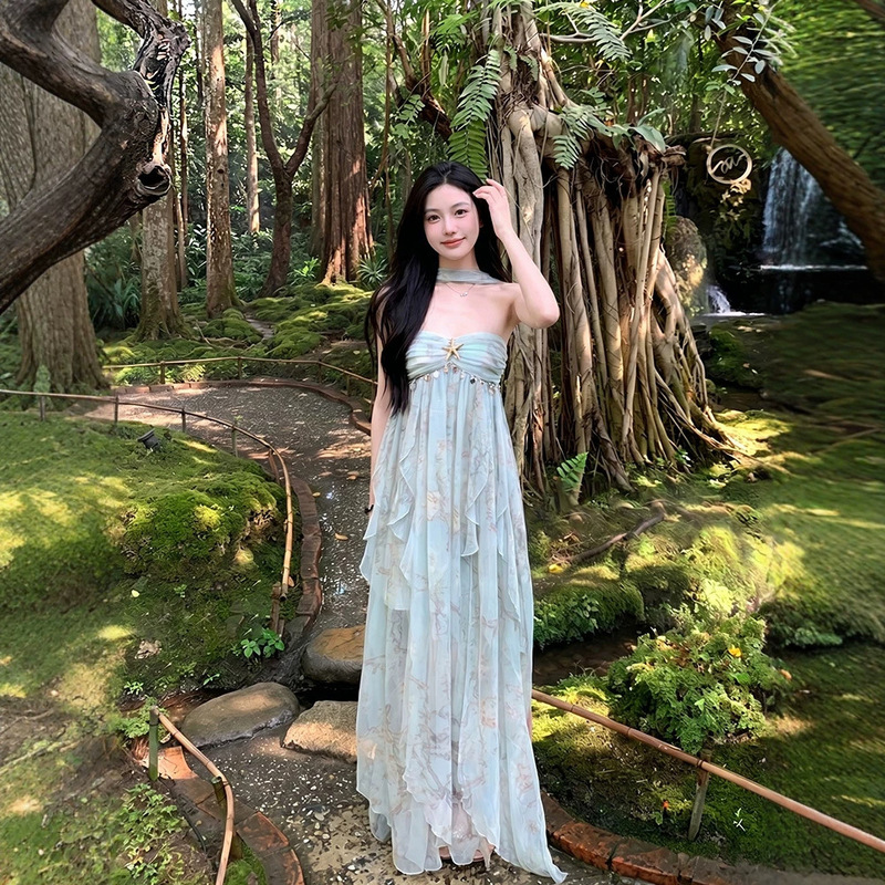 A Sweet Peach "Sake in Midsummer" Summer Backless Strapless Halter Vacation Style Floral Long Dress for Women A Sweet Peach "Sake in Midsummer" Summer Backless Strapless Halter Vacation Style Floral Long Dress for Women