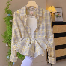 韩系氛围感格子衬衫女叠穿宽松遮肉休闲薄款防晒衬衣外穿长袖上衣