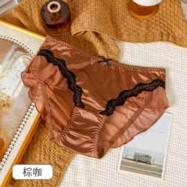 缎面蕾丝内裤女中腰网纱拼接蝴蝶结轻薄透气纯欲女士三角短裤