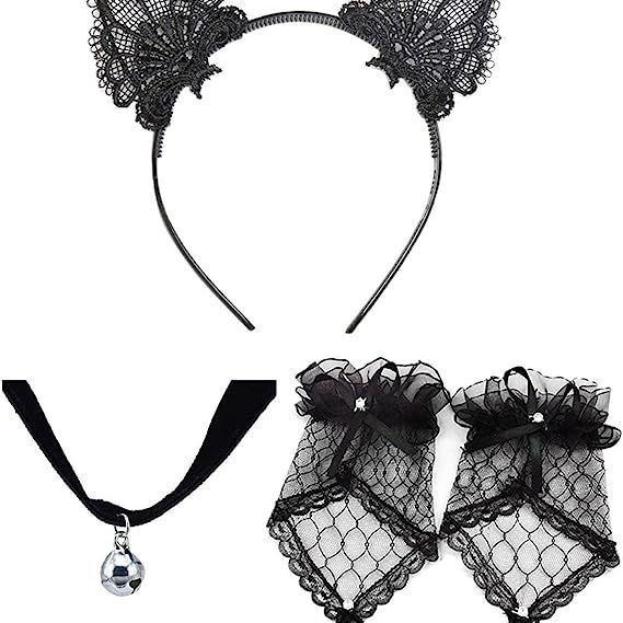 Disfraz de princesa gato para Halloween, diadema con orejas de gato, máscara de ojos de encaje negro, máscara facial.