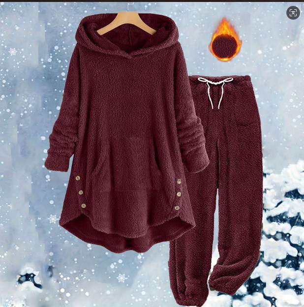 Cross-border Amazon Autumn and Winter New European and American Casual Women's Solid Color Plush Hooded Long Sleeve Pants suit Women