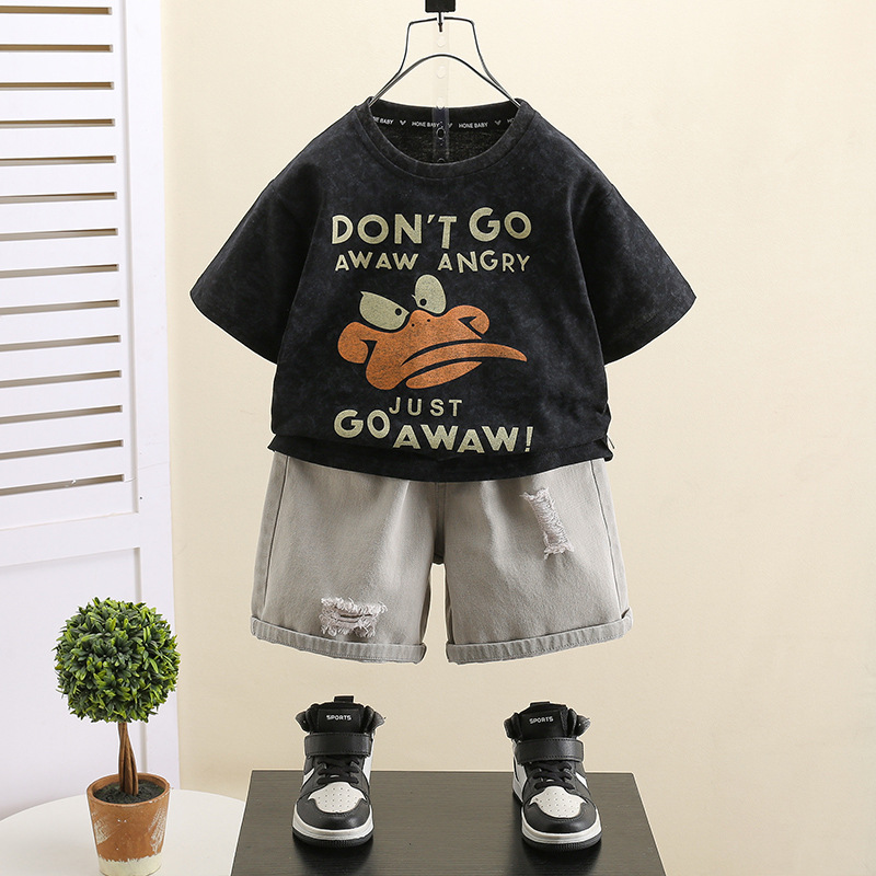 7416 pantalones cortos de mezclilla para niños traje de verano verano para niños manga corta 2025 nuevo traje de dos piezas de la calle frita para niños y bebés