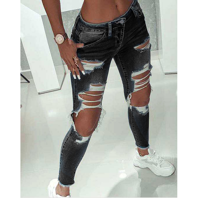 low waist washed elastic ripped jeans NSHM118840