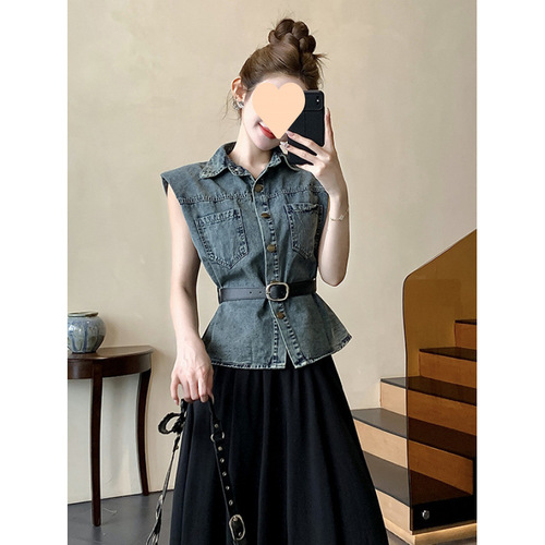 Women's Petite Summer Outfit: Two-Piece Flowy Sheath Dress Set with No-Sleeve Chanel-Inspired Denim Suit, Exuding High-End Elegance