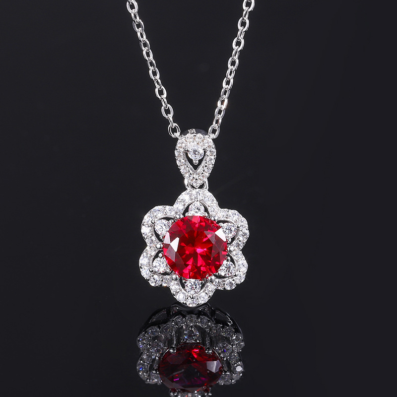 Zhuang Sheng joyería S925 joyería de plata simulación rojo zafiro redondo nicho traje conjuntos de piedra principal 8mm-6mm