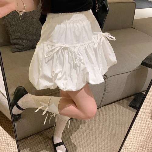 Design style bow tie fluffy skirt white skirt for women's summer sweet A-line short skirt flower bud skirt