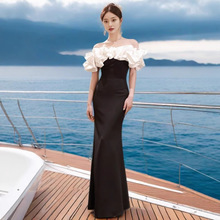 优雅黑色晚礼服年会大合唱演出主持礼服新娘婚纱敬酒服修身显瘦裙