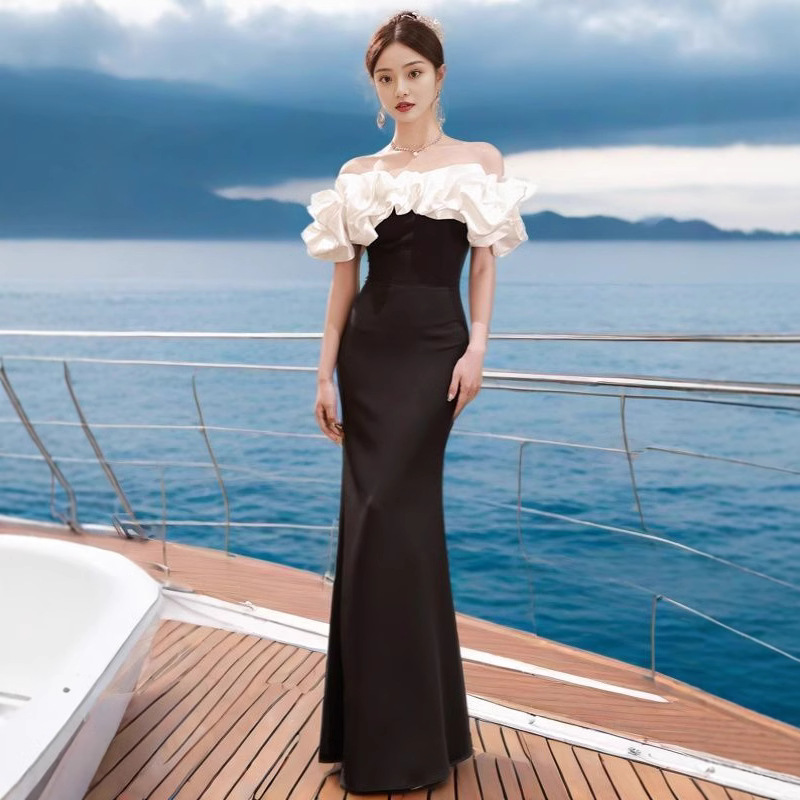 优雅黑色晚礼服年会大合唱演出主持礼服新娘婚纱敬酒服修身显瘦裙