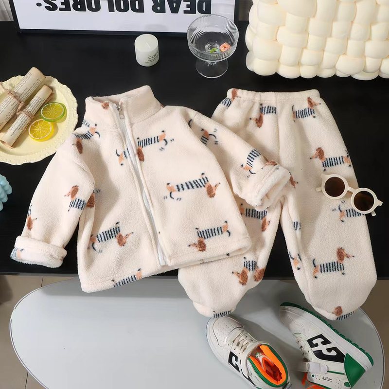 儿童家居服套装男女宝宝双面加绒加厚泡芙绒睡衣外套加保暖两件套|undefined