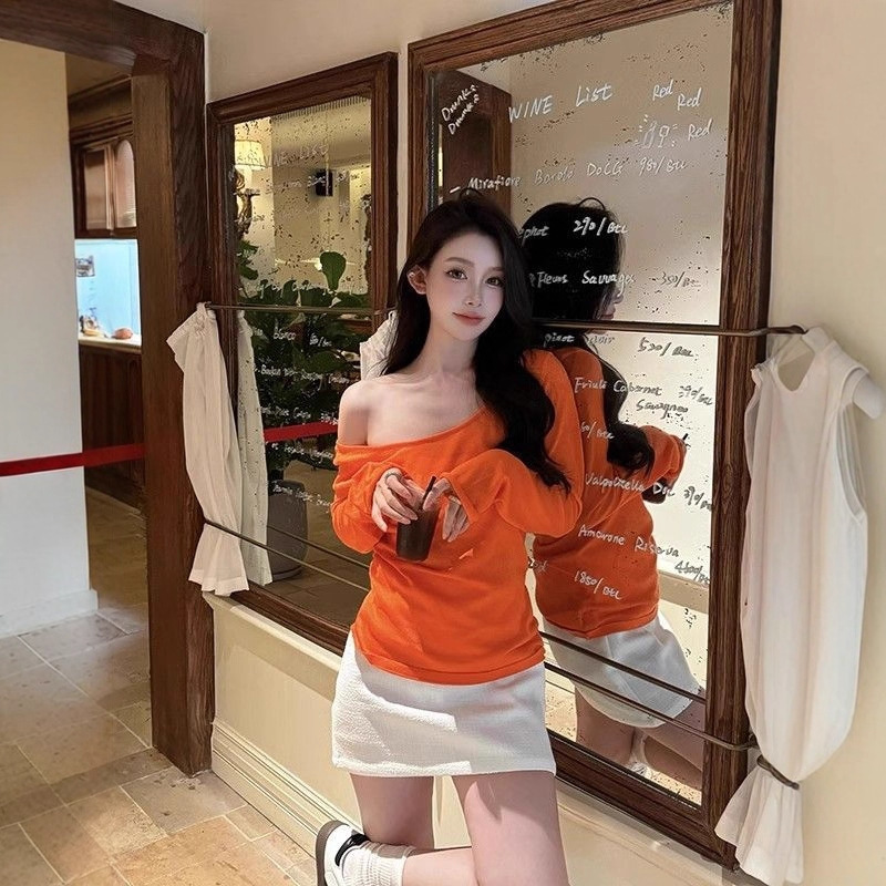 Dopamine Orange Slanted Off-Shoulder Long-Sleeved Sun Protection Blouse for Women Summer Thin Lazy High-End Loose Layered Top