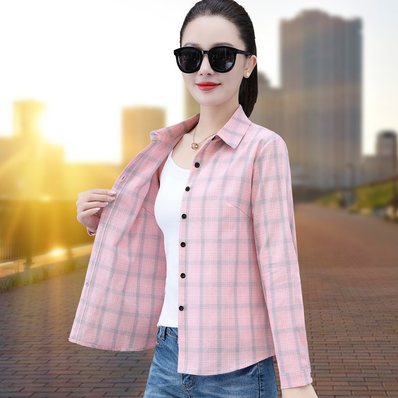 Middle-Aged Mother Pure Cotton Shirt Middle-Aged and Elderly Autumn Long-Sleeved Plaid Shirt Women's Thin Cotton Women's Bottoming Top