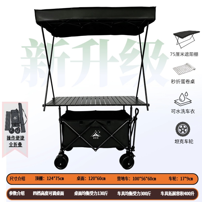 Carro Plegable de Campamento y Puesto de Metal con Mango Telescópico para Picnic al Aire Libre