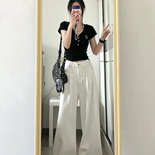 白色超高腰字直筒牛仔裤女夏季新款美式设计感褶皱阔腿休闲长裤