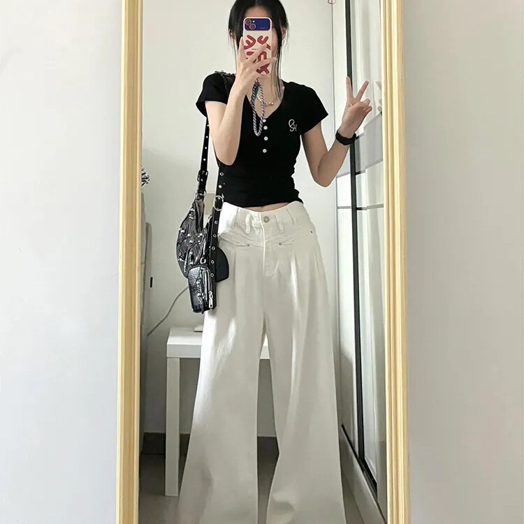 White Ultra-High-Waisted Straight-Leg Jeans for Women, Summer New American Design Pleated Wide-Leg Casual Trousers White Ultra-High-Waisted Straight-Leg Jeans for Women, Summer New American Design Pleated Wide-Leg Casual Trousers