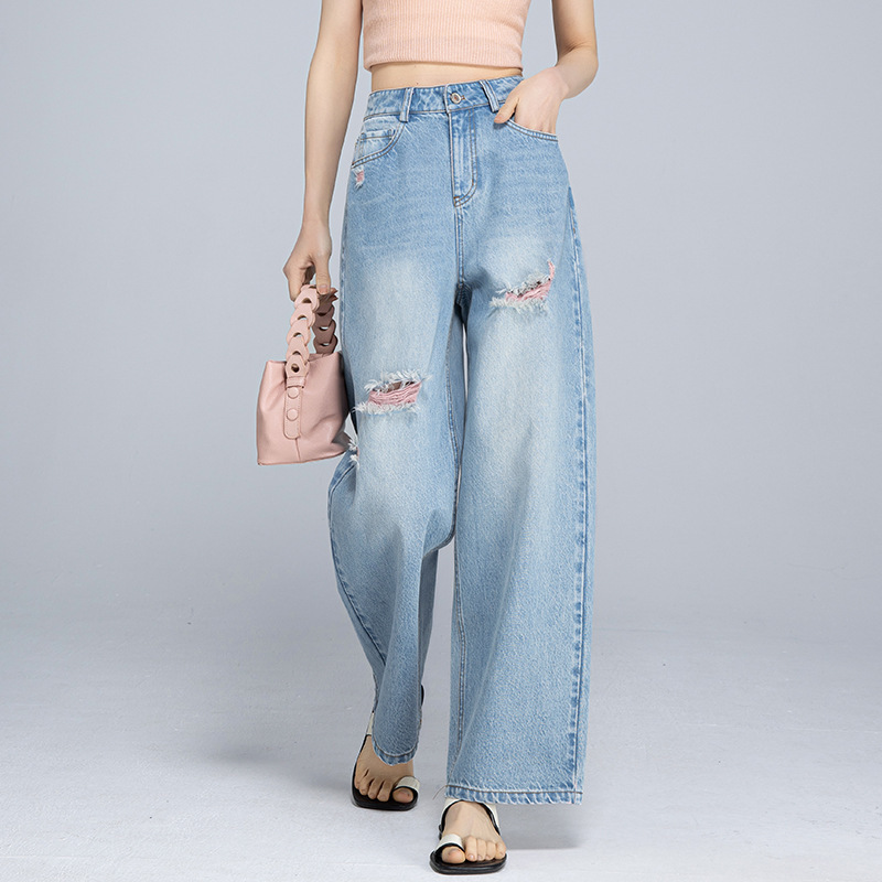 Xinge High Street Blue and Pink Ripped Jeans Women's High Waist Slimming Tensel Cotton Thin Boyfriend Style Casual Wide Leg Pants