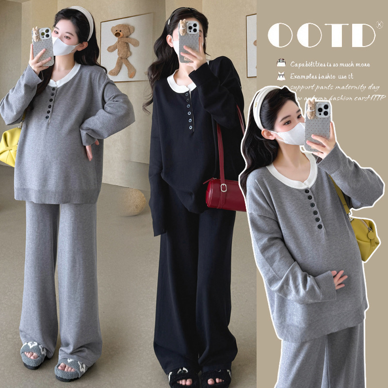 Maternity Wear 2026 New Style Plus-Size Faux Two-Piece Spliced Long-Sleeve Knit Lazy Chic Fashion Loose Base Set