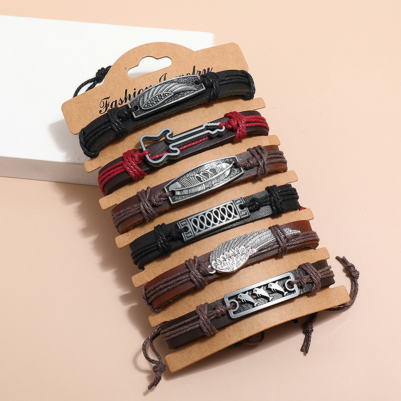retro simple wings leaf feather woven cowhide bracelet set