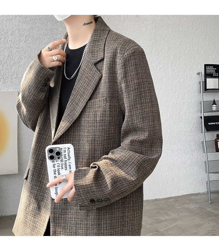 American Retro Houndstooth Blazer For Men Oversized Plaid Jacket_voghion.com