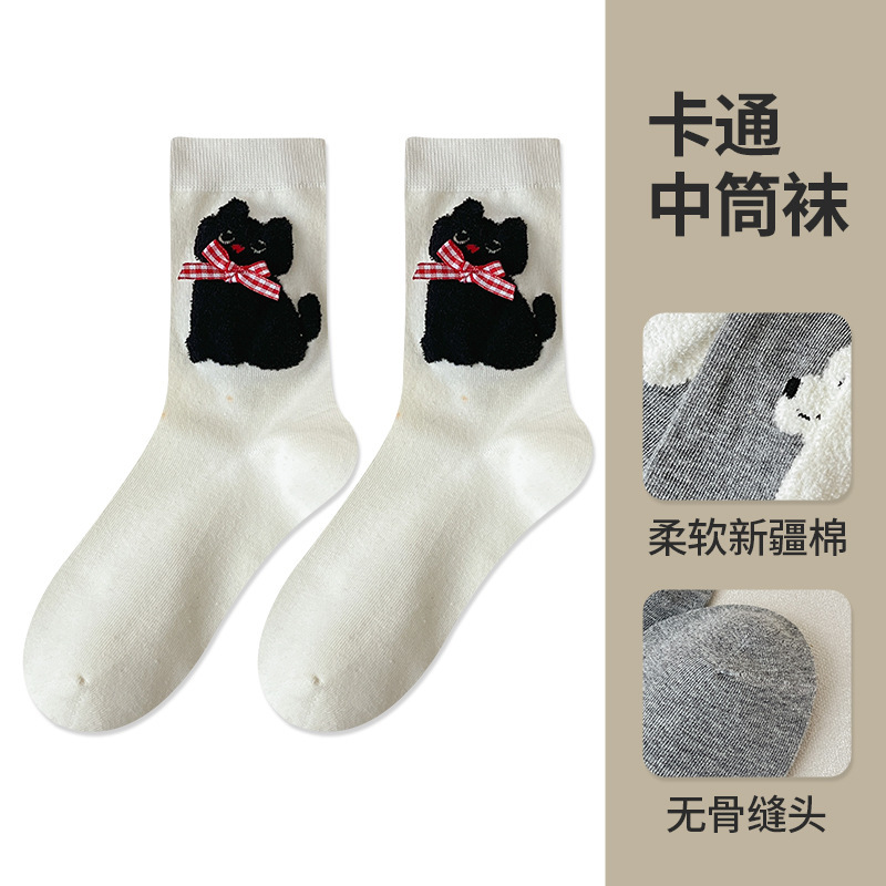 可爱猫咪袜子女中筒袜ins潮春秋季纯棉无骨月子袜日系卡通堆堆袜|undefined