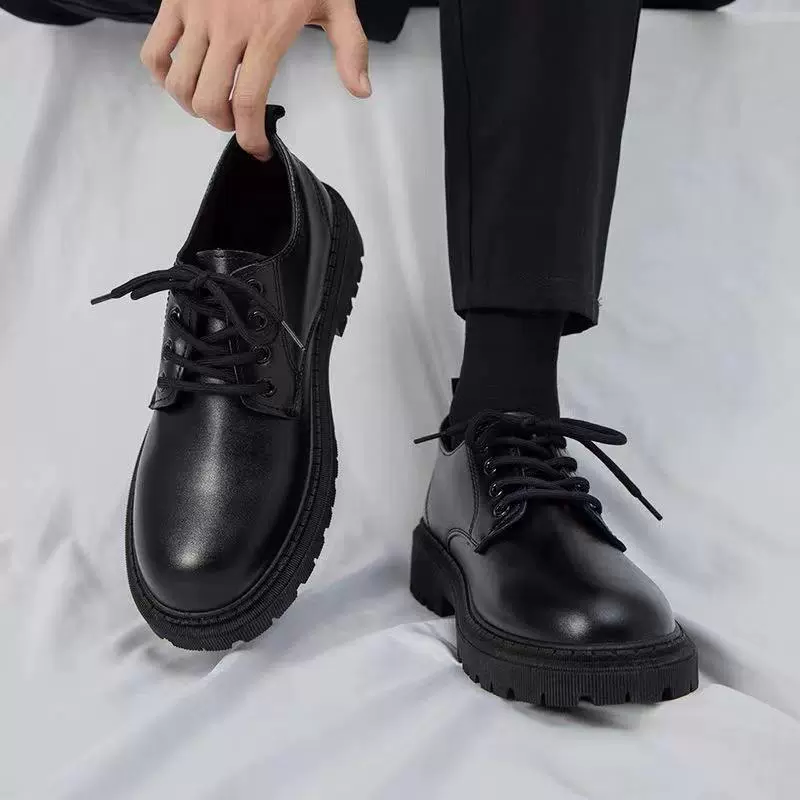 跨境男鞋休闲单皮鞋夏季透气厚底英伦风百搭男士正装黑色PU休闲鞋