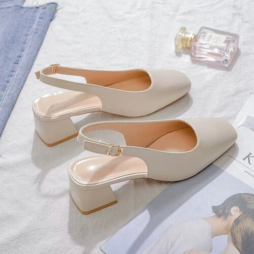 High Heel Back Open Toe Sandals Women's Outdoor Wear 2025 New Summer French Style Non-Tiring Foot Sandals Thick Heel Open Toe Slippers 