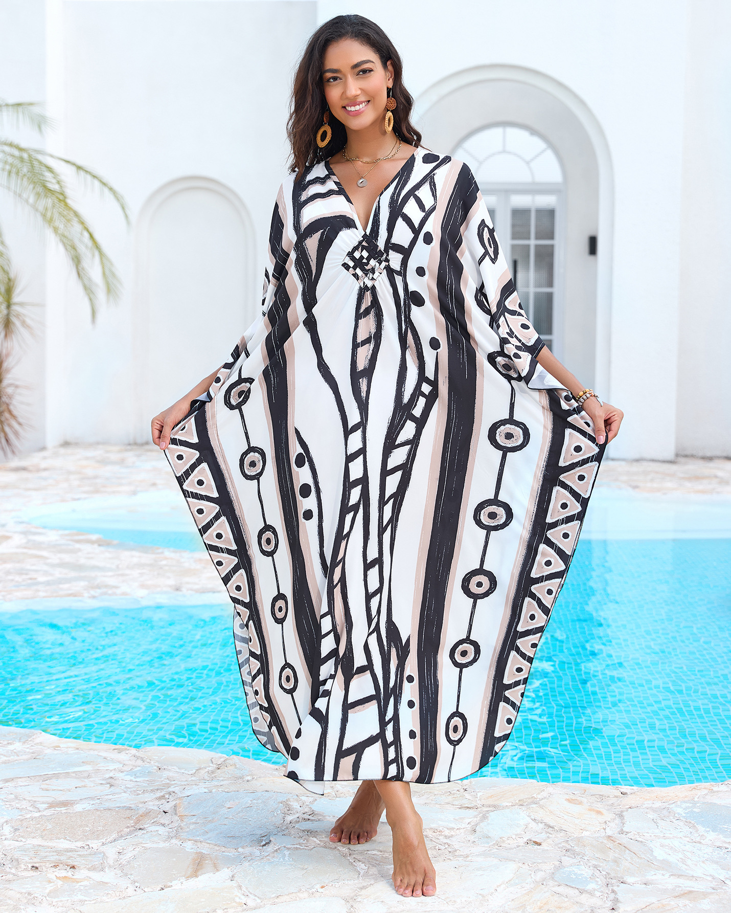 Nuevo posicionamiento de Europa y América impresa playa blusa tejida a mano V-collar vestido de vacaciones vestido largo 31 colores