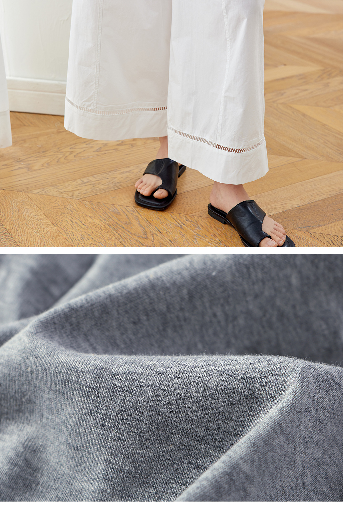 Bộ quần áo nữ gồm áo thun cổ tròn phối khăn lụa và quần ống suông rộng — Xám + quần trắng chi tiết 17