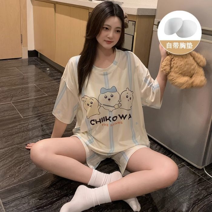 Venta al por mayor transfronteriza con almohadilla para el pecho pijamas de gato KT pantalones cortos de manga corta de verano para mujer, lindo traje de servicio a domicilio coreano, algodón de imitación