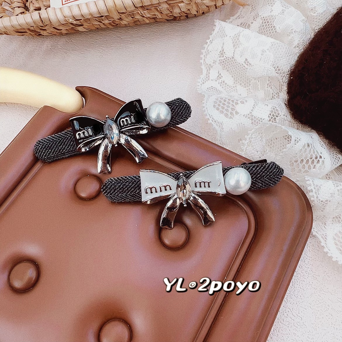 秋冬新款小香風珍珠字母蝴蝶結布藝髮夾時尚氣質百搭鴨嘴夾側邊夾