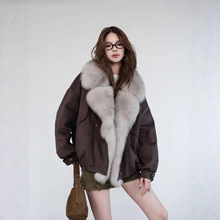 乌梅子酱 深紫咖麂皮绒狐狸毛领高端短款外套皮草三村村派克服女