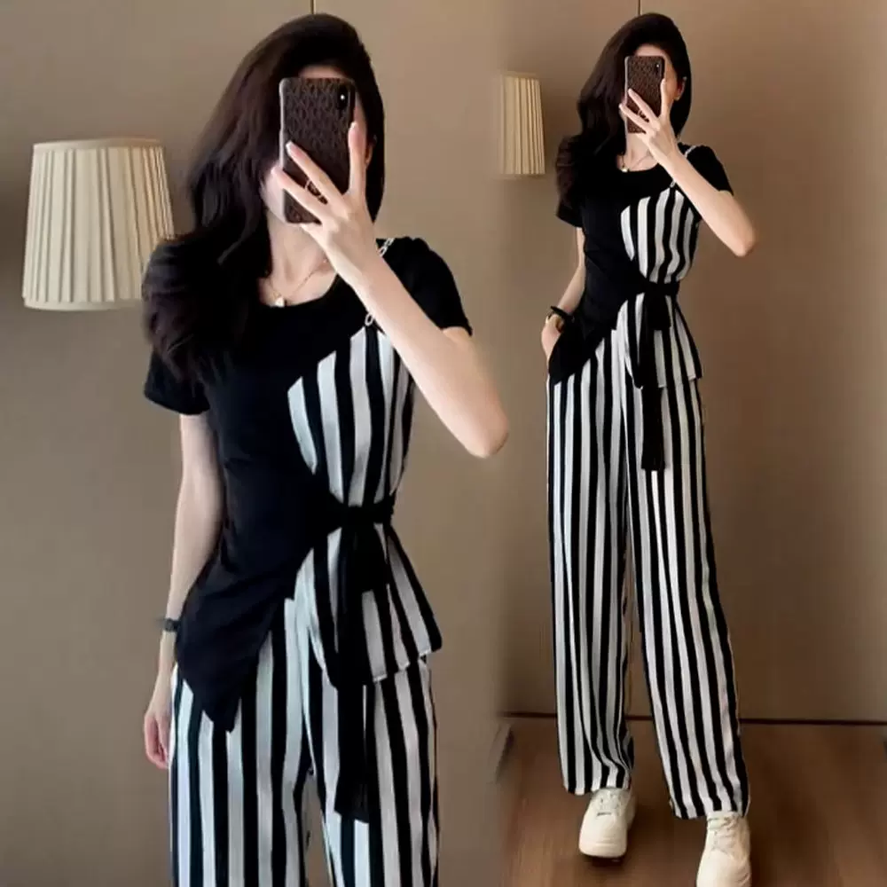 时尚减龄套装女夏季洋气休闲显瘦运动服条纹阔腿裤两件套潮